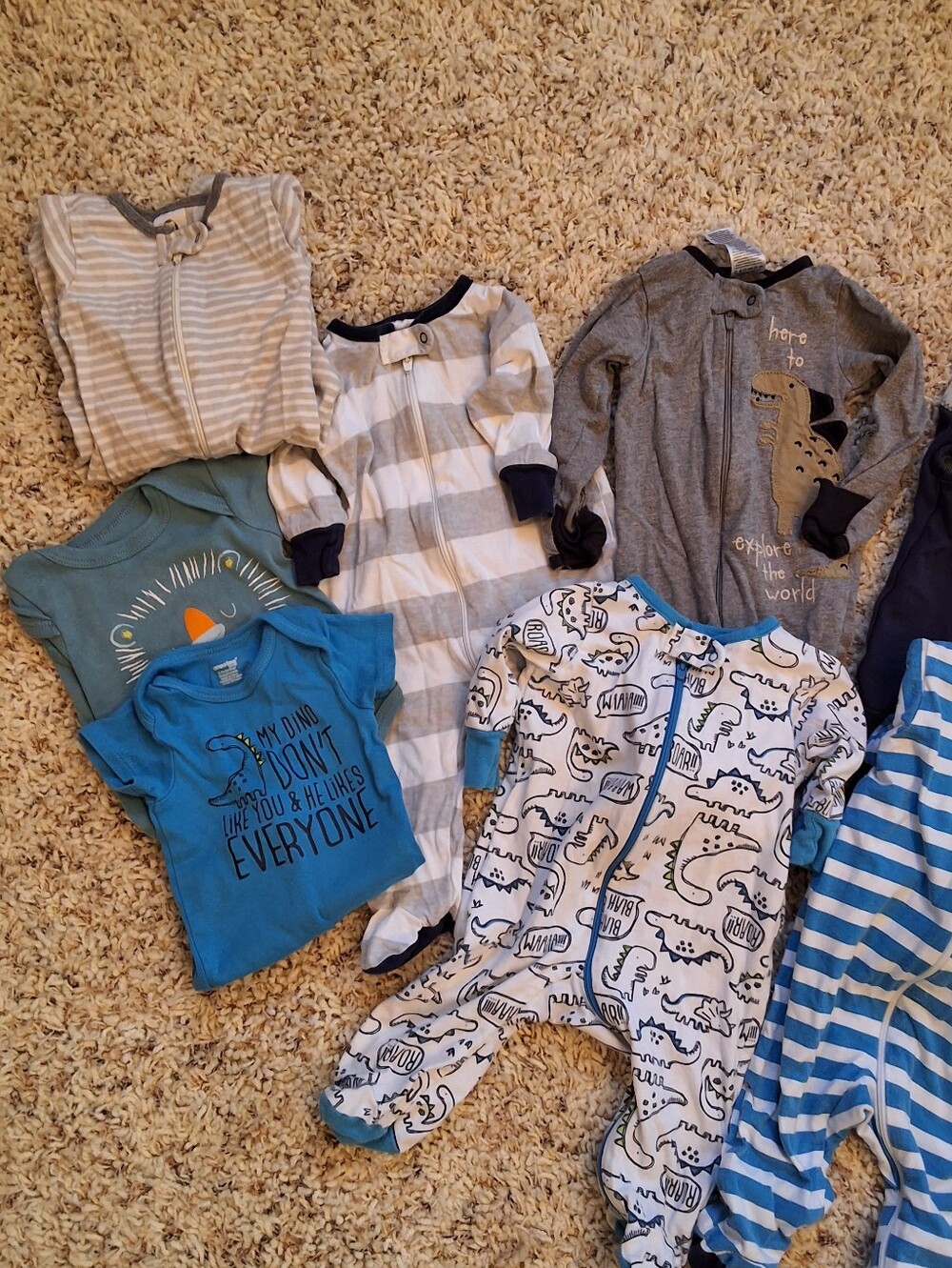 Bundle Of Mixed, 0-3 Mos, Baby Boy Sleepers and Onesies - Blue, Gray, White, Tan